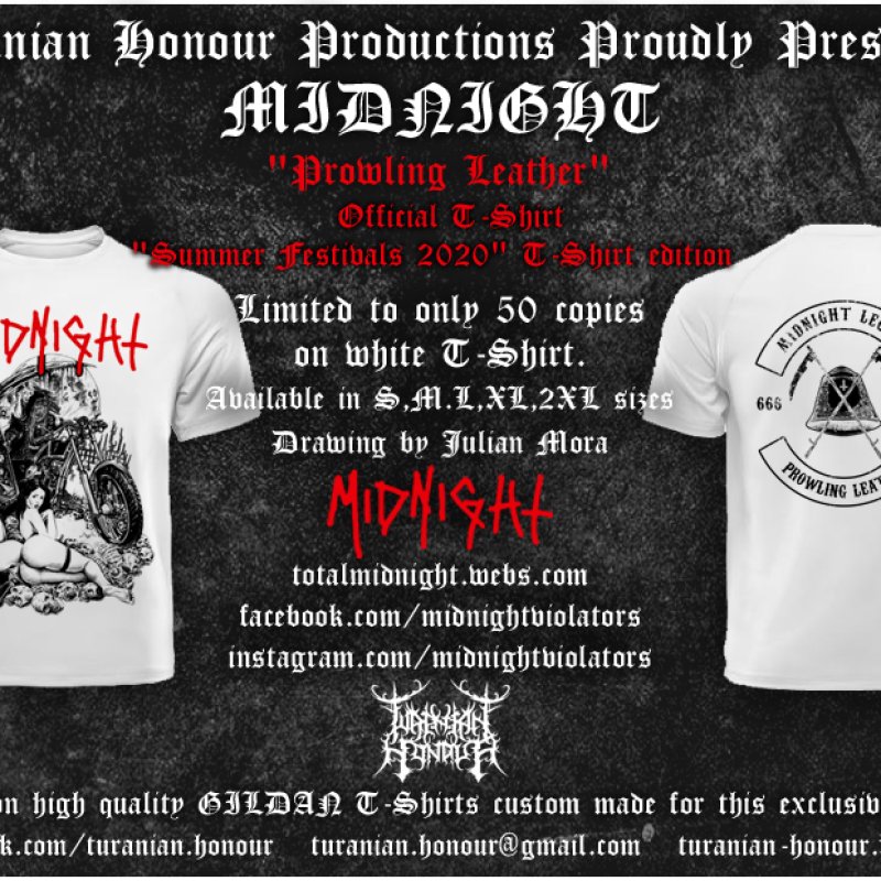 OUT NOW : MIDNIGHT (Usa) "Prowling Leather" Official T-Shirt (white edition)
