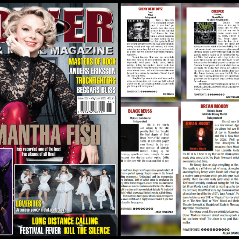 SHINY NEW TOYZ, DEVIL IN DISGUISE, CREEPER, BLACK REUSS, BRIAN MOODY, VICK LECAR FEATURED IN LATEST POWERPLAY ROCK AND METAL MAGAZINE ISSUE WITH SAMANTHA FISH ON THE COVER