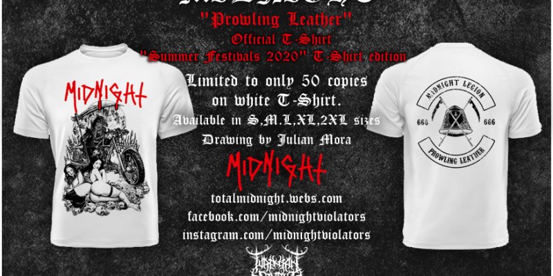 OUT NOW : MIDNIGHT (Usa) "Prowling Leather" Official T-Shirt (white edition)