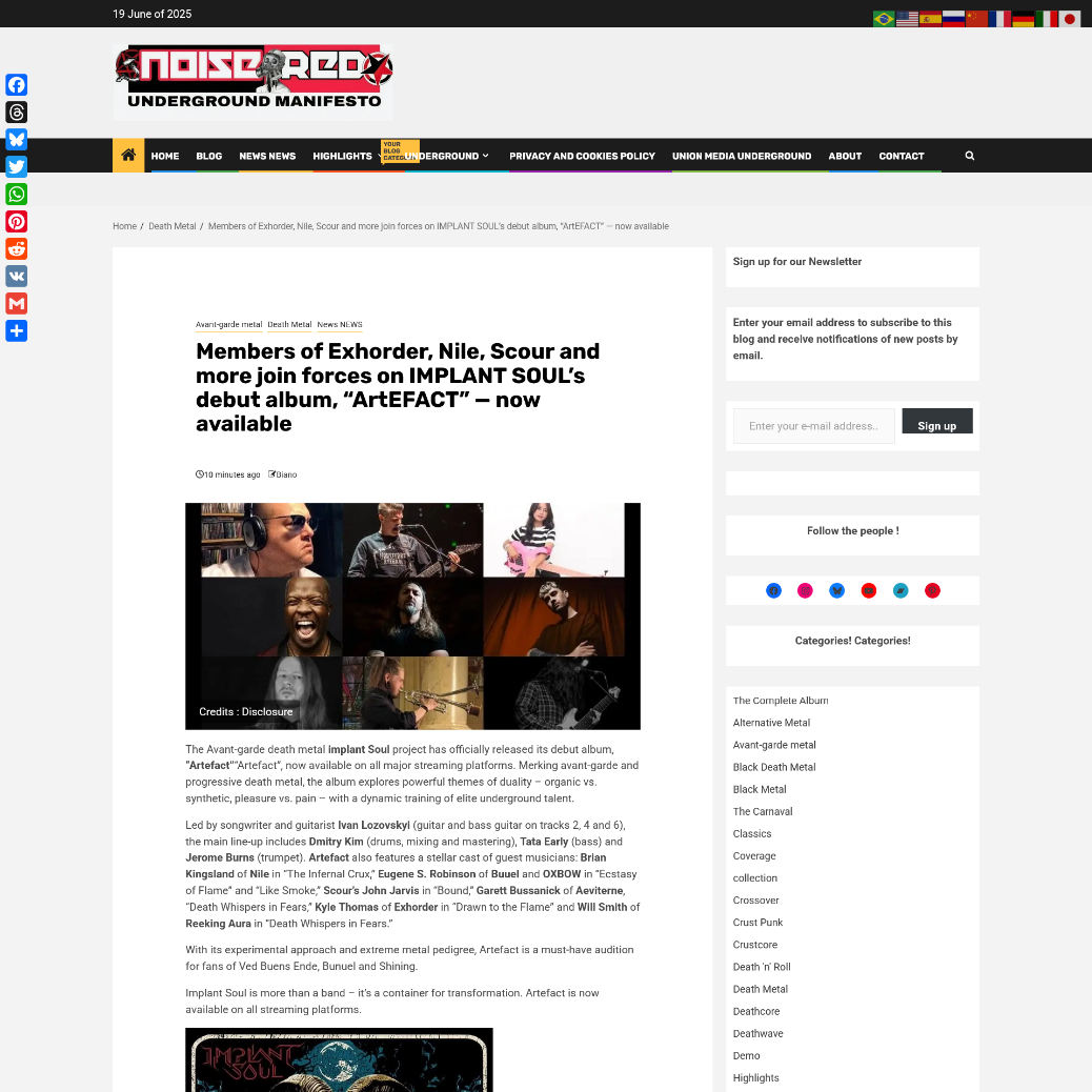 Screenshot 20250619 at 194217 Members of Exhorder Nile Scour and more join forces on IMPLANT SOULs debut album ARTEFACT  already available  NoiseRed  Underground Manifesto 1.png