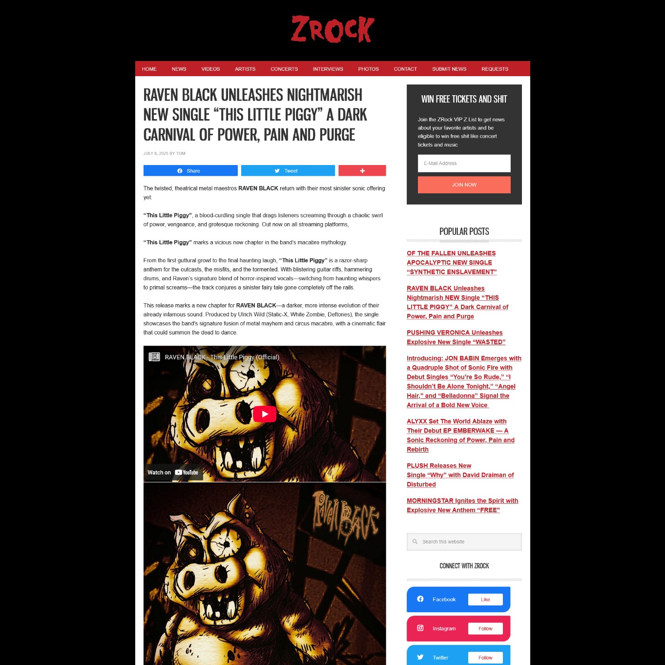 Screenshot 20250711 at 094700 RAVEN BLACK Unleashes Nightmarish NEW Single THIS LITTLE PIGGY A Dark Carnival of Power Pain and Purge ZRock.jpg