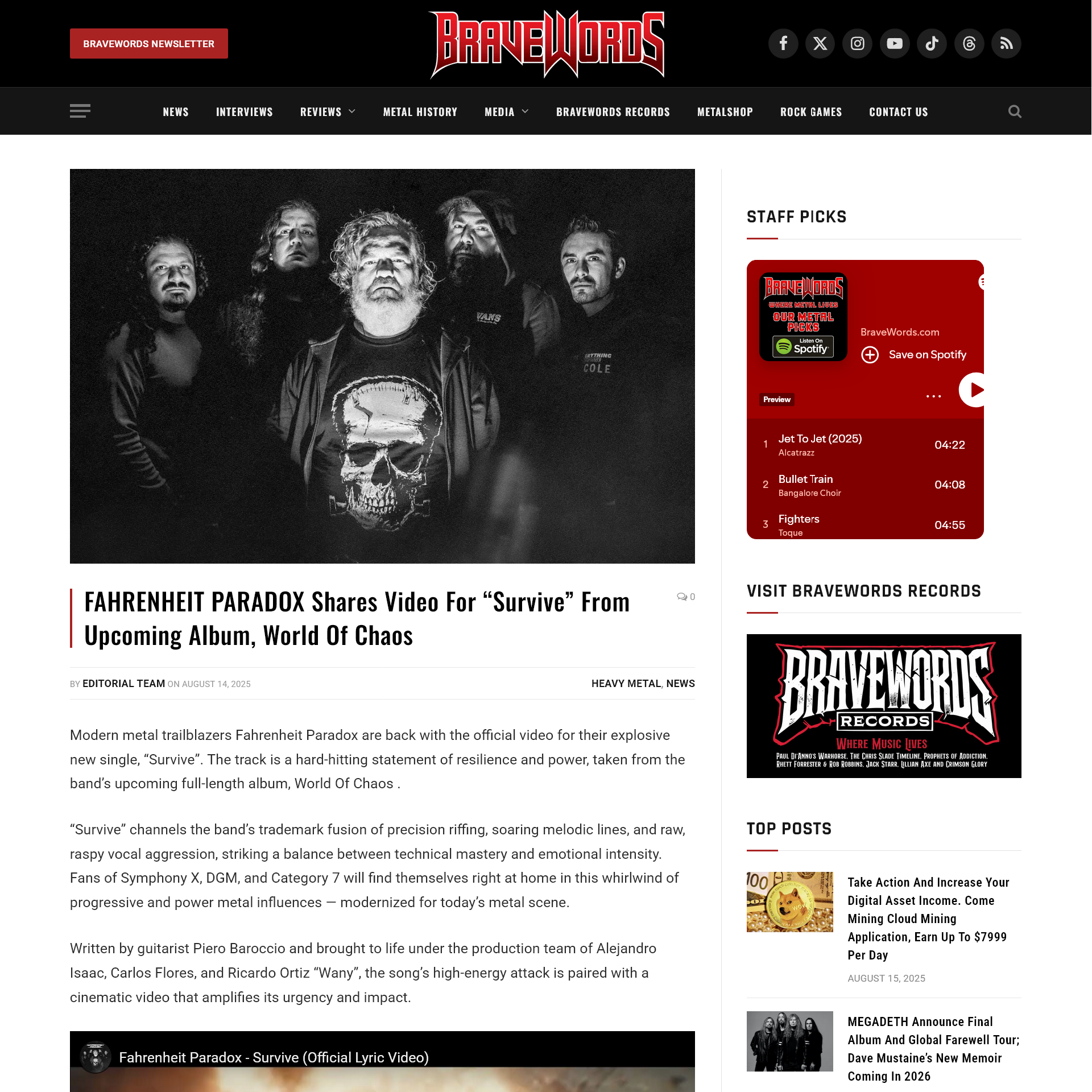 Screenshot 20250815 at 092249 FAHRENHEIT PARADOX Shares Video For Survive From Upcoming Album World Of Chaos1.png