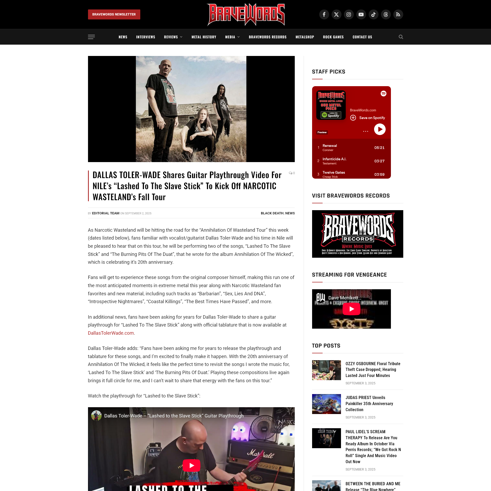Screenshot 20250904 at 094759 DALLAS TOLERWADE Shares Guitar Playthrough Video For NILEs Lashed To The Slave Stick To Kick Off NARCOTIC WASTELANDs Fall Tour1.png
