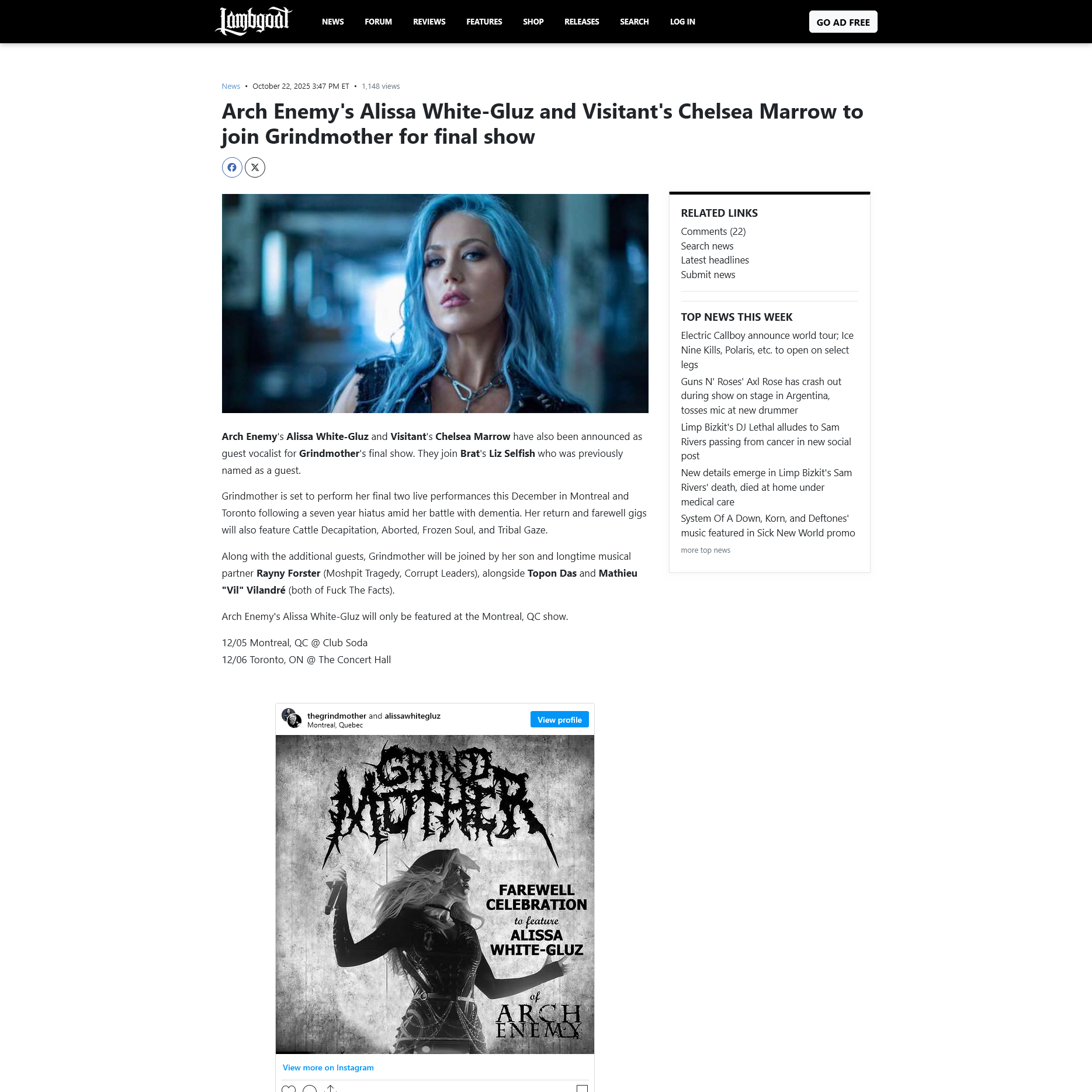 Screenshot 20251023 at 095523 Arch Enemys Alissa WhiteGluz and Visitants Chelsea Marrow to join Grindmother for final show  Lambgoat2.png