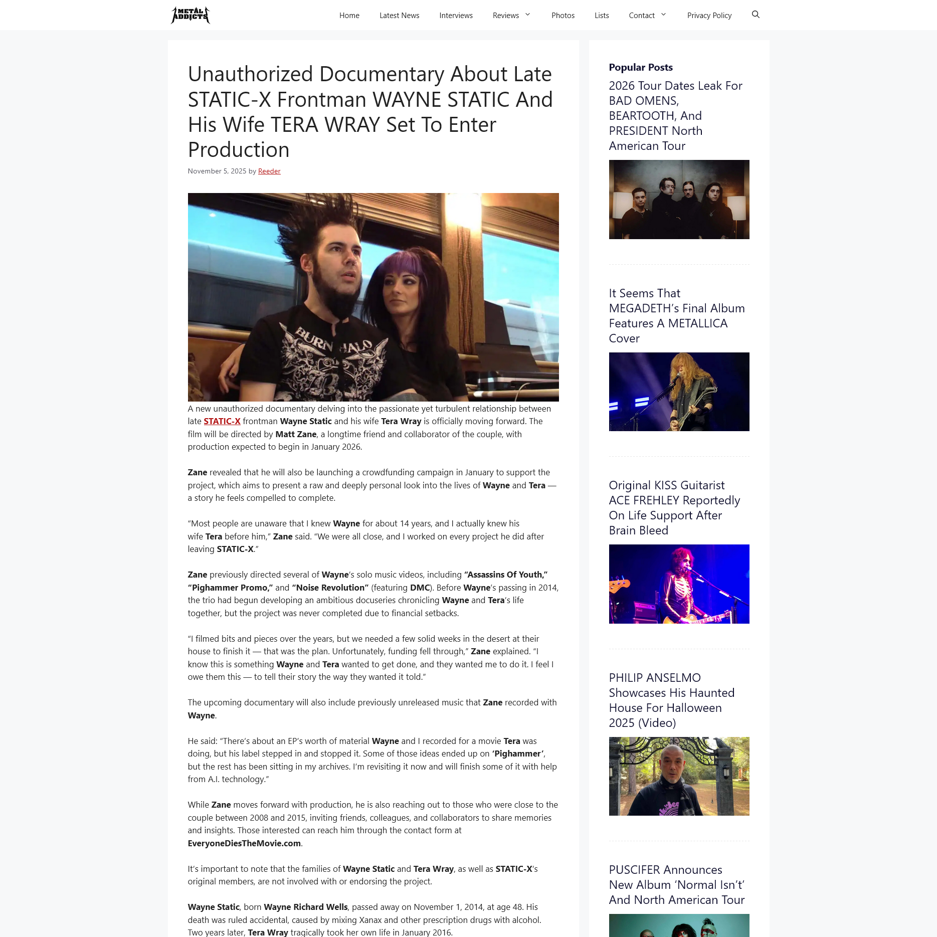 Screenshot 20251114 at 084245 Unauthorized Documentary About Late STATICX Frontman WAYNE STATIC And His Wife TERA WRAY Set To Enter Production1.png