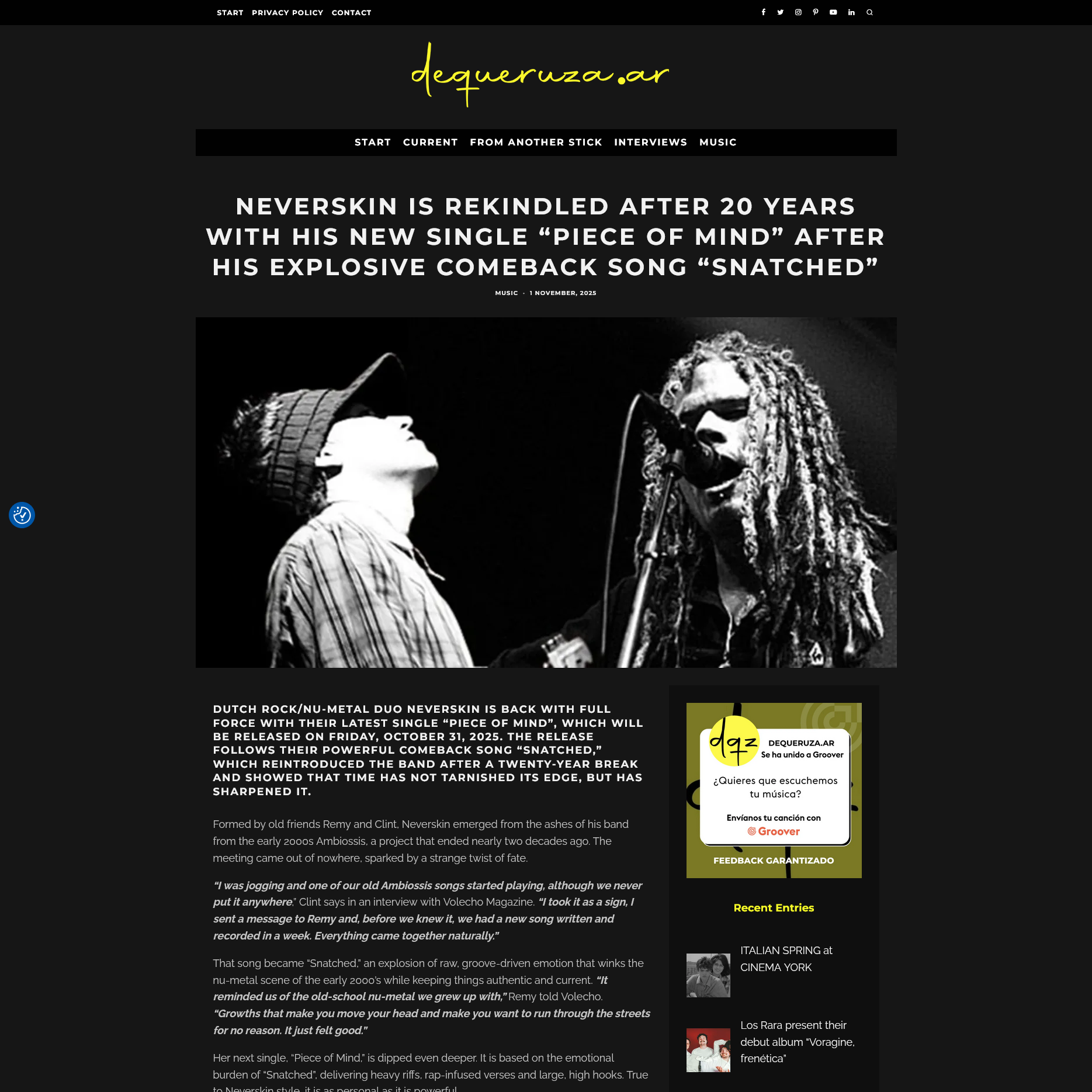 Screenshot 20251117 at 112757 Neverskin is rekindled after 20 years with his new single Piece of Mind after his explosive comeback song Snatched  DeQueruza.ar1.png