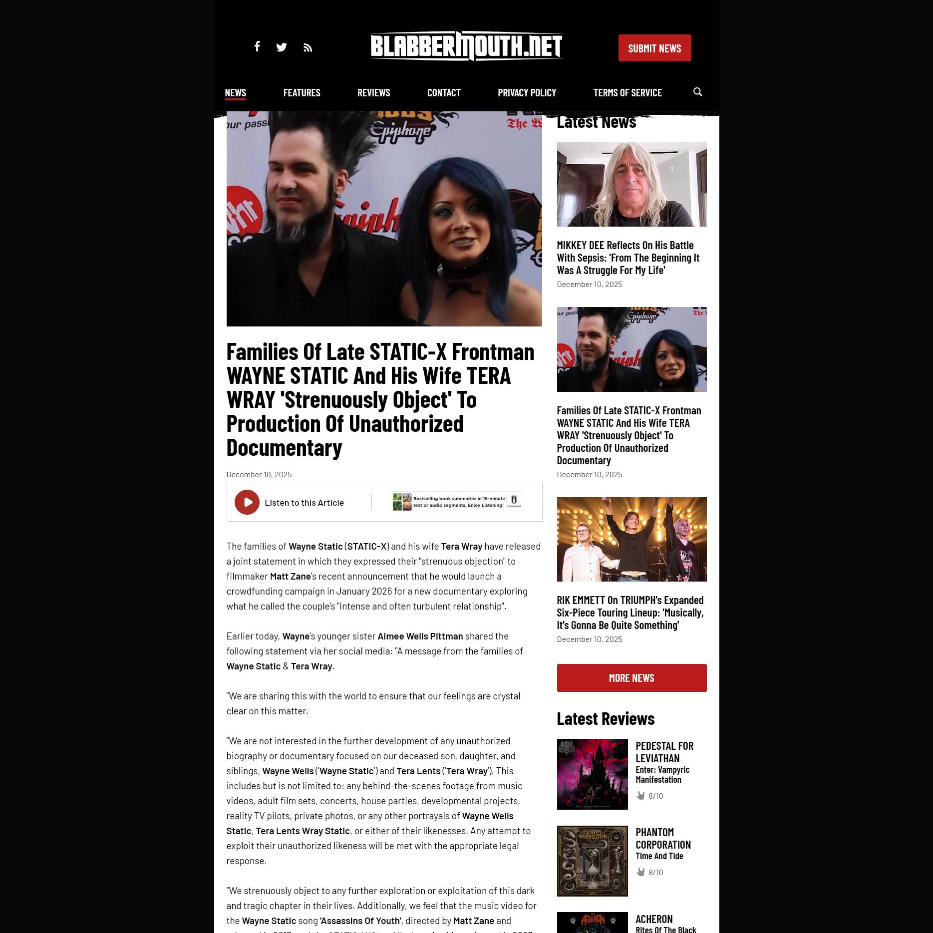 Screenshot 20251210 at 160258 Families Of Late STATICX Frontman WAYNE STATIC And His Wife TERA WRAY Strenuously Object To Production Of Unauthorized Documentary  BLABBERMOUTH.NET1.png