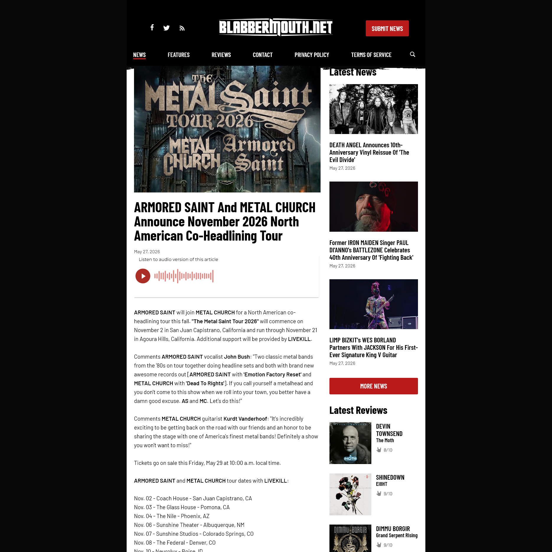Screenshot 20260527 at 143110 ARMORED SAINT And METAL CHURCH Announce November 2026 North American CoHeadlining Tour  BLABBERMOUTH.NET1.png
