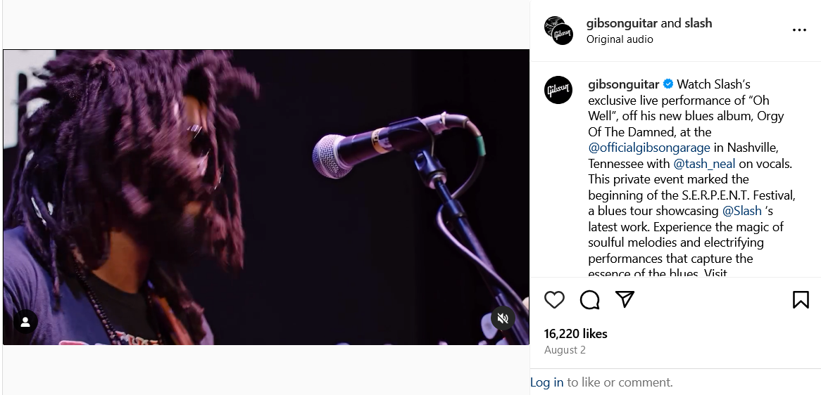 Screenshot 20240909 at 141012 Gibson Watch Slashs exclusive live performance of Oh Well off his new blues album Orgy Of The Damned at the officialgibsongarage in... Instagram.png