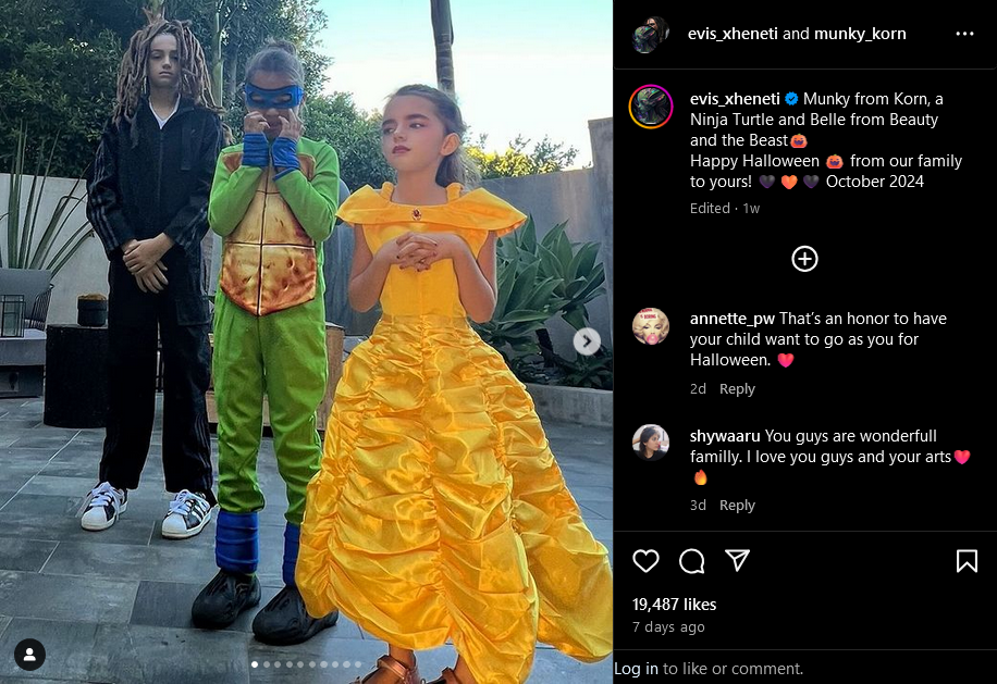 Screenshot 20241107 at 202130  Munky from Korn a Ninja Turtle and Belle from Beauty and the Beast Happy Halloween  from our family to yours  October 2024 Instagram.png